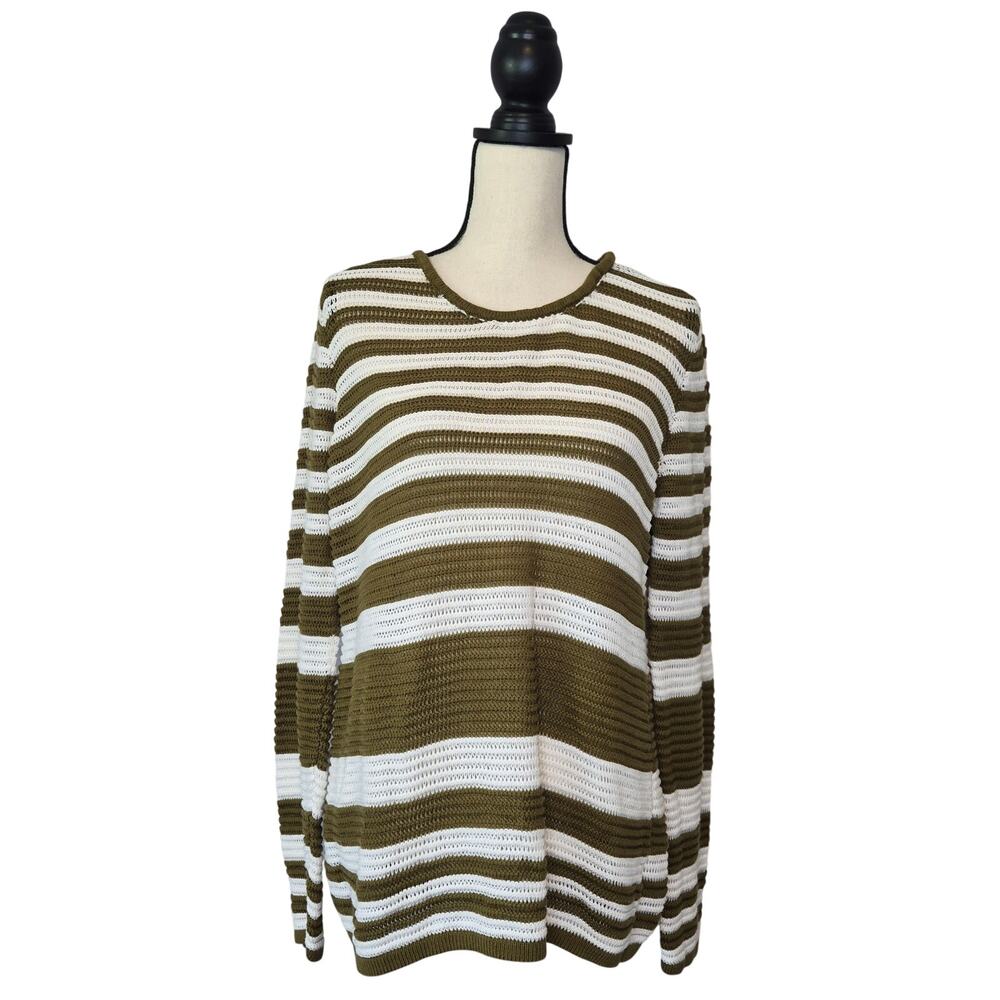 Paradise Shores Olive Green White Striped Crochet Beach Knit Crewneck Sweater L